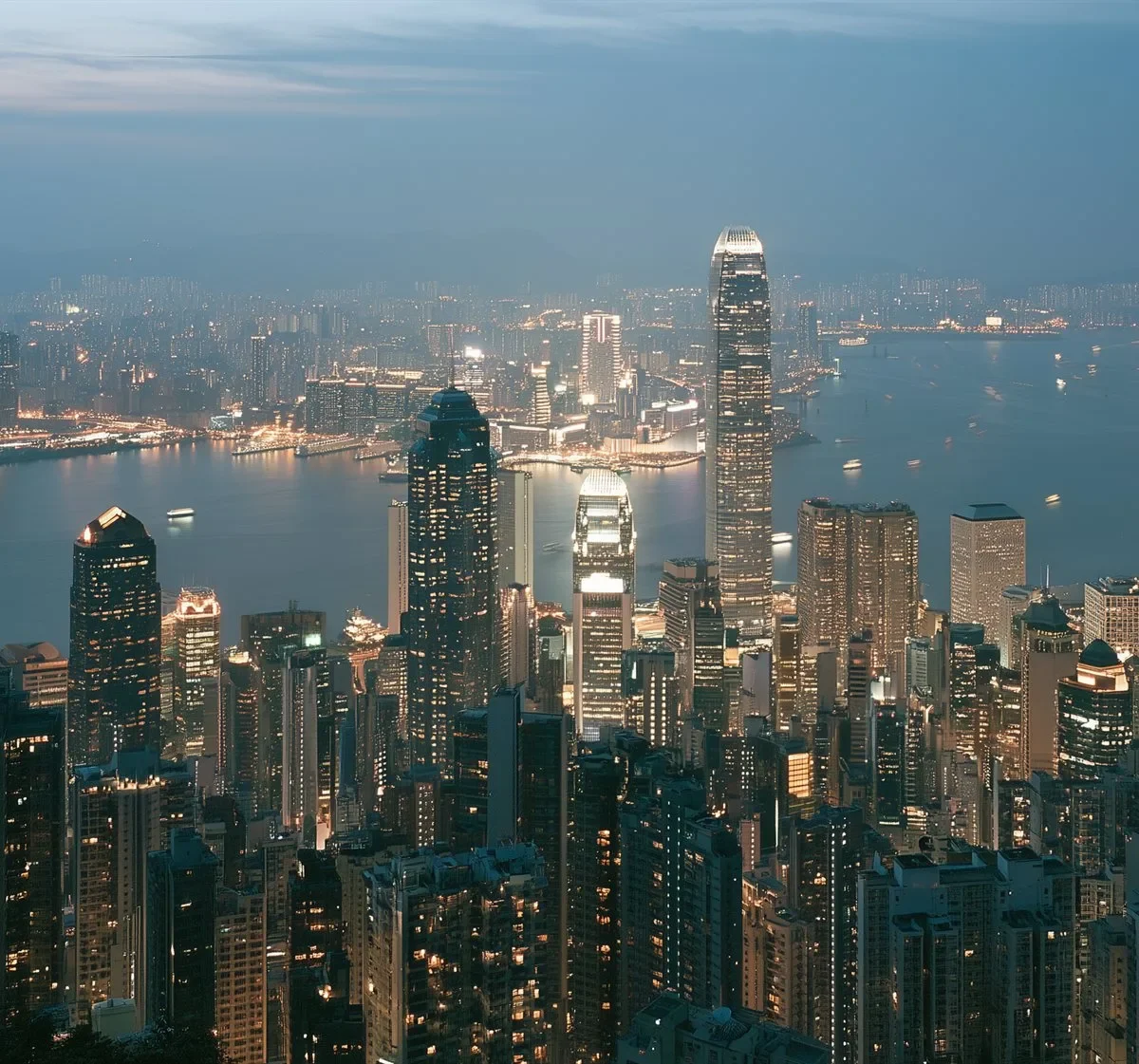 The Hong Kong skyline seen from Victoria Peak at blue hour