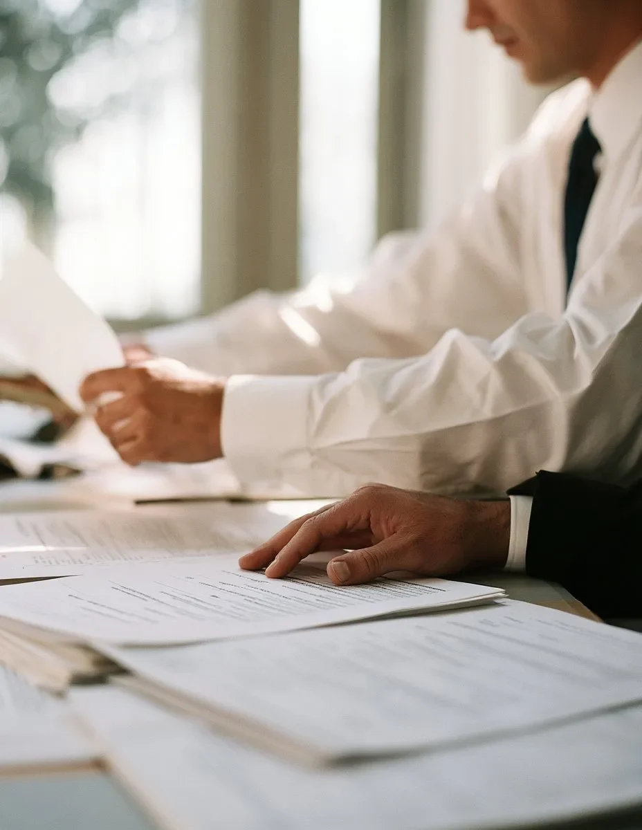 An adviser comparing several insurer policy documents on a desk